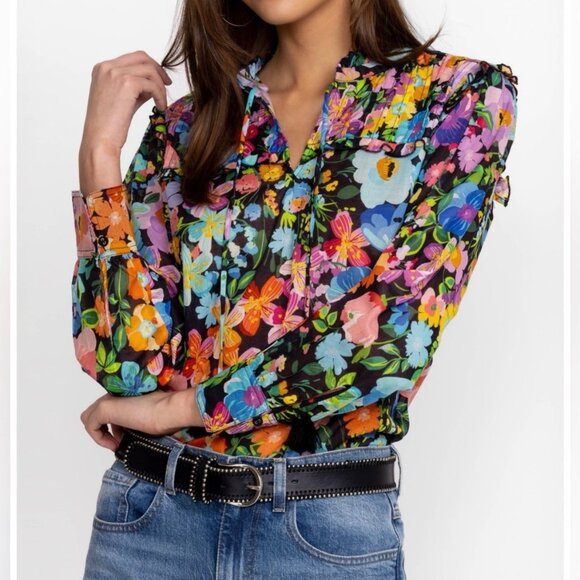 Johnny Was Wild Bloom Ruffle Yoke Blouse Womens Floral Long Sleeve Cotton Size M - Picture 4 of 11